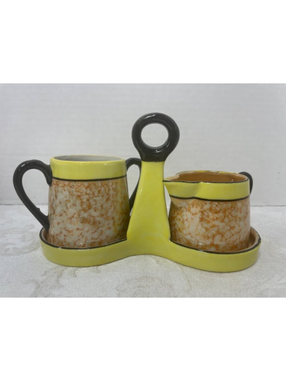 Vintage Mid-Century Mod Yellow & Black Japanese Ceramic Creamer & Sugar Set Tray